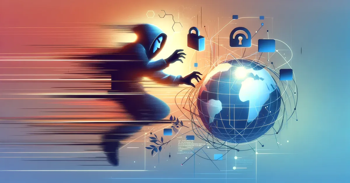 Graphic art representing a hooded website hacker with a globe in pastels