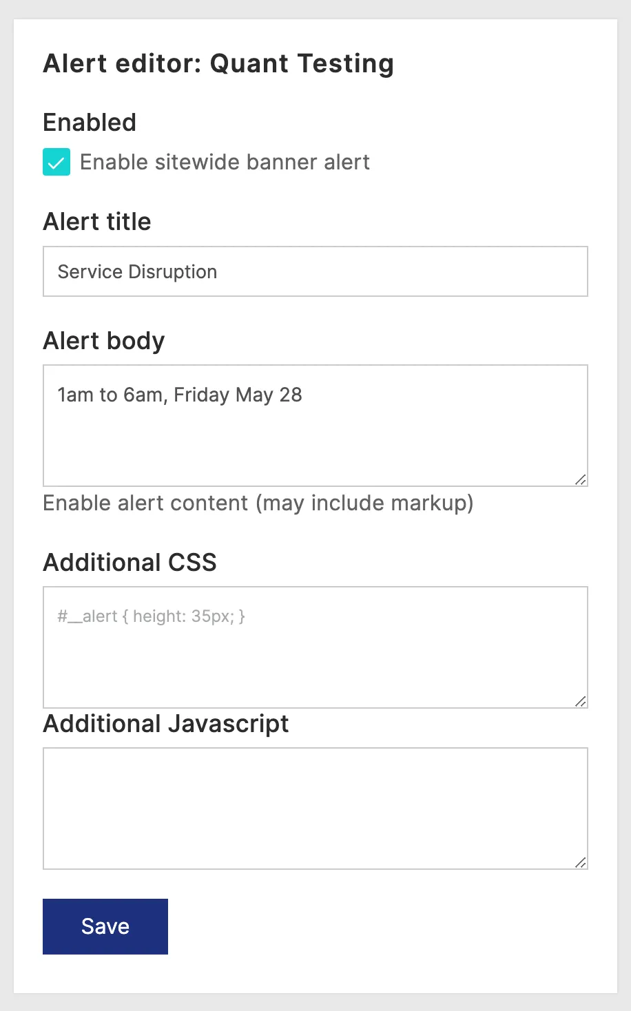 Quant Alert editor form with title and body