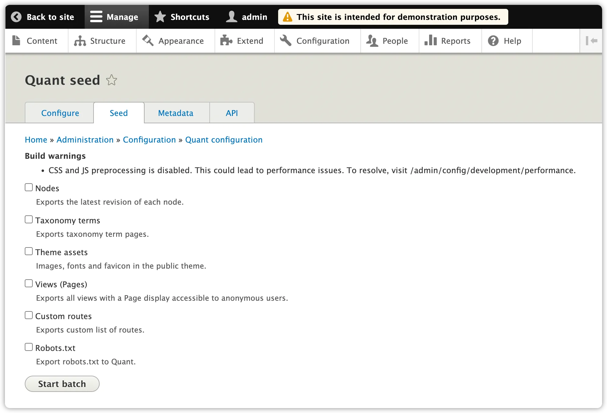 Quant Drupal 8/9 seed configuration page upon install with aggregation disabled