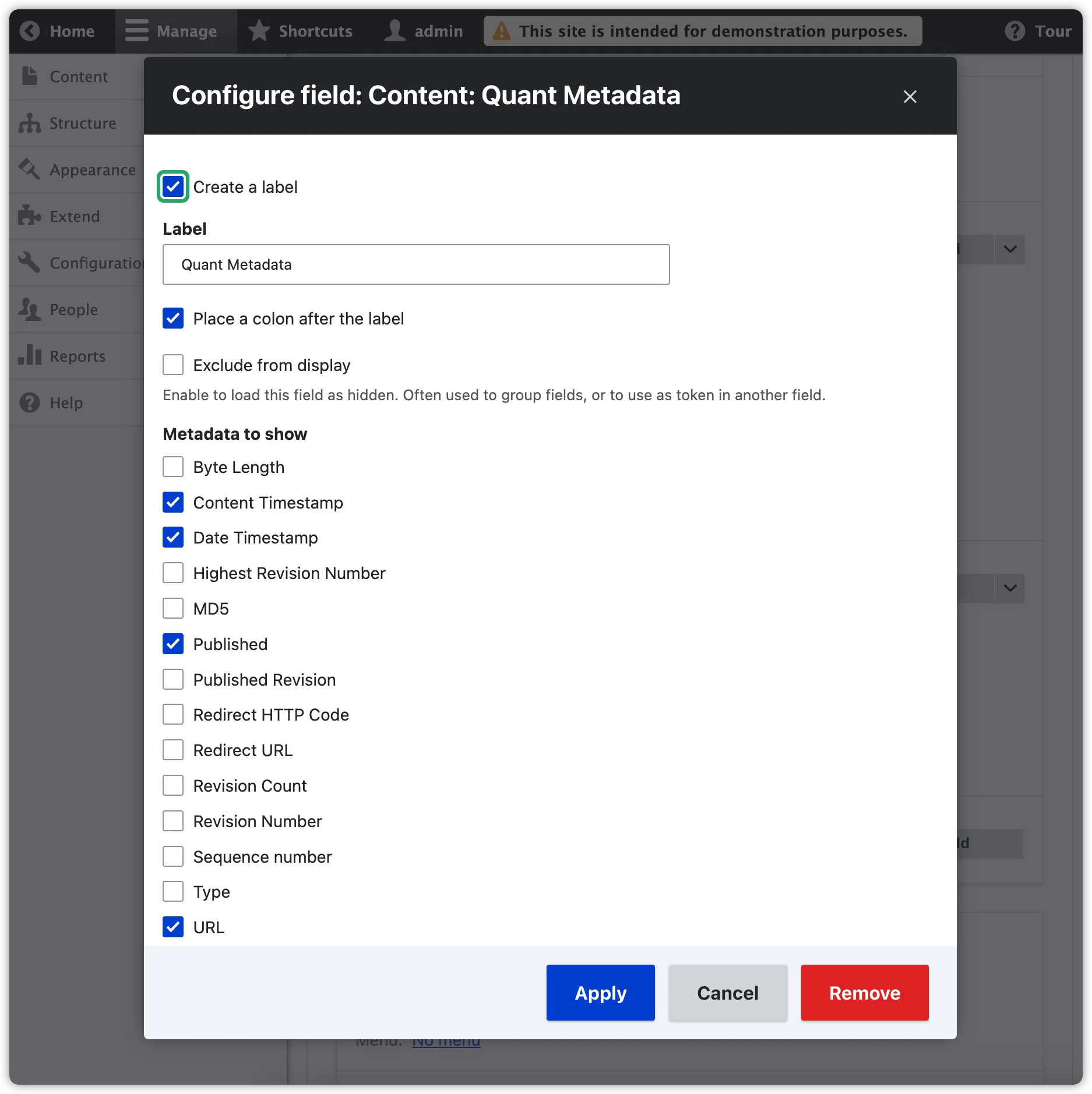 Screenshot of Quant metadata views plugin
