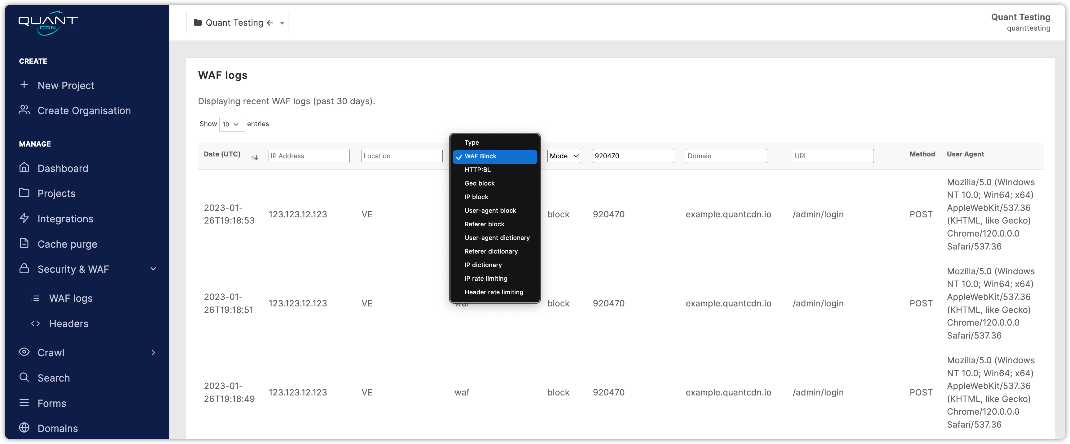 Screenshot of Quant WAF logs.