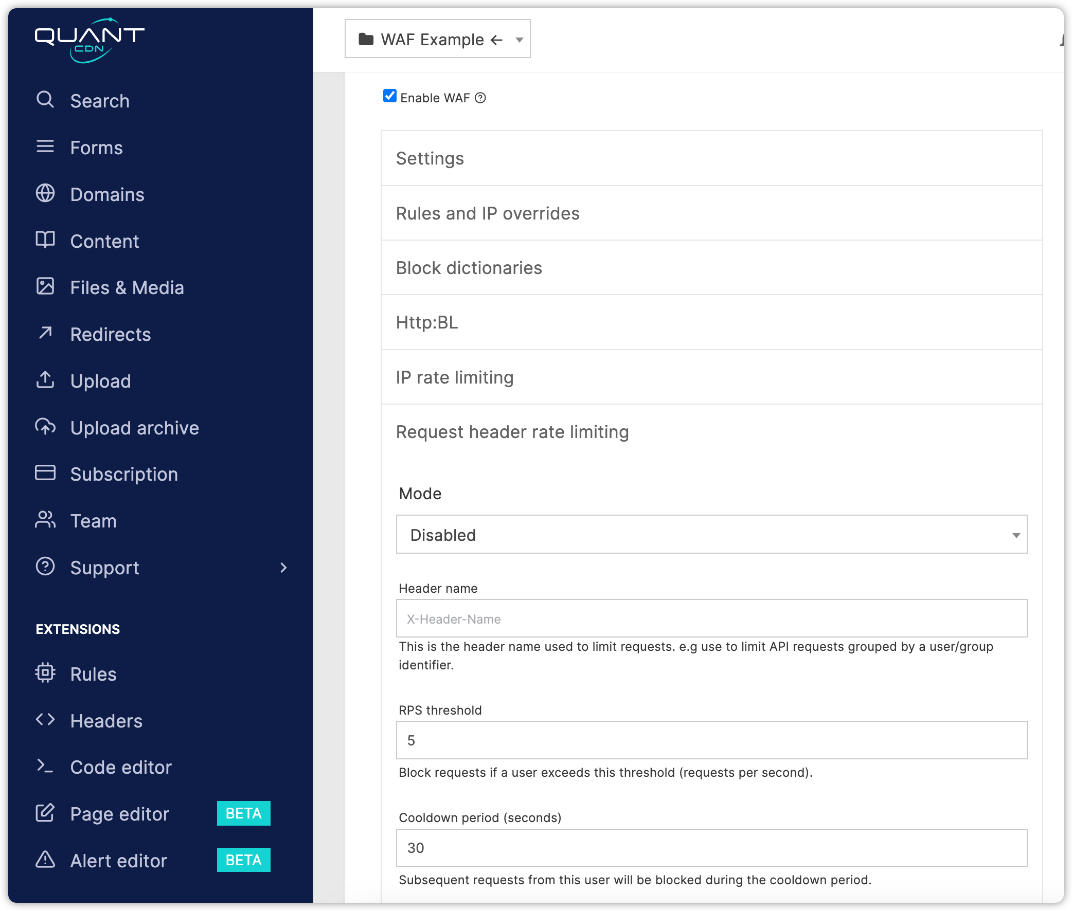 Screenshot of Quant WAF request header rate limiting settings form