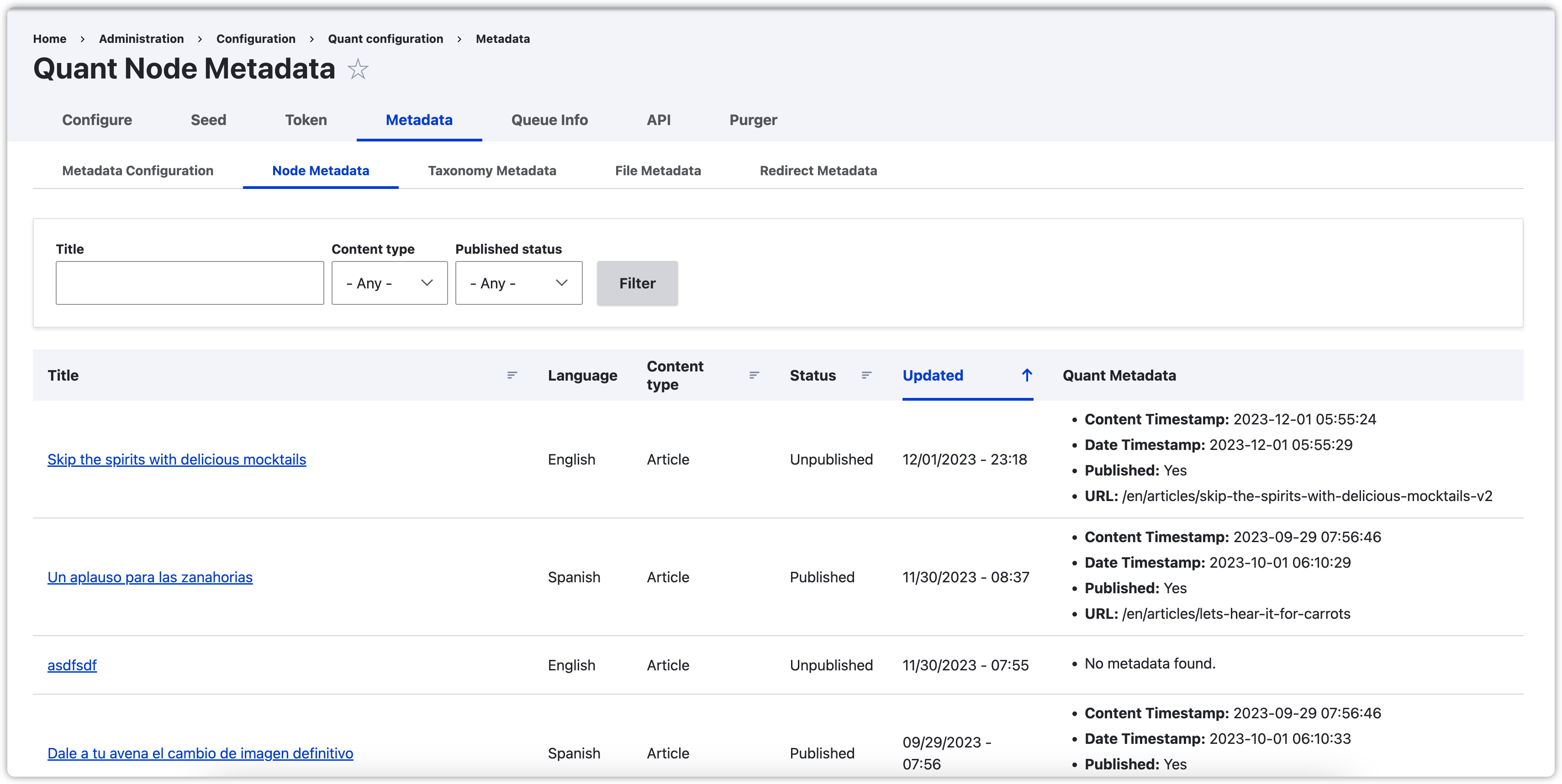 Screenshot of Quant metadata node admin report