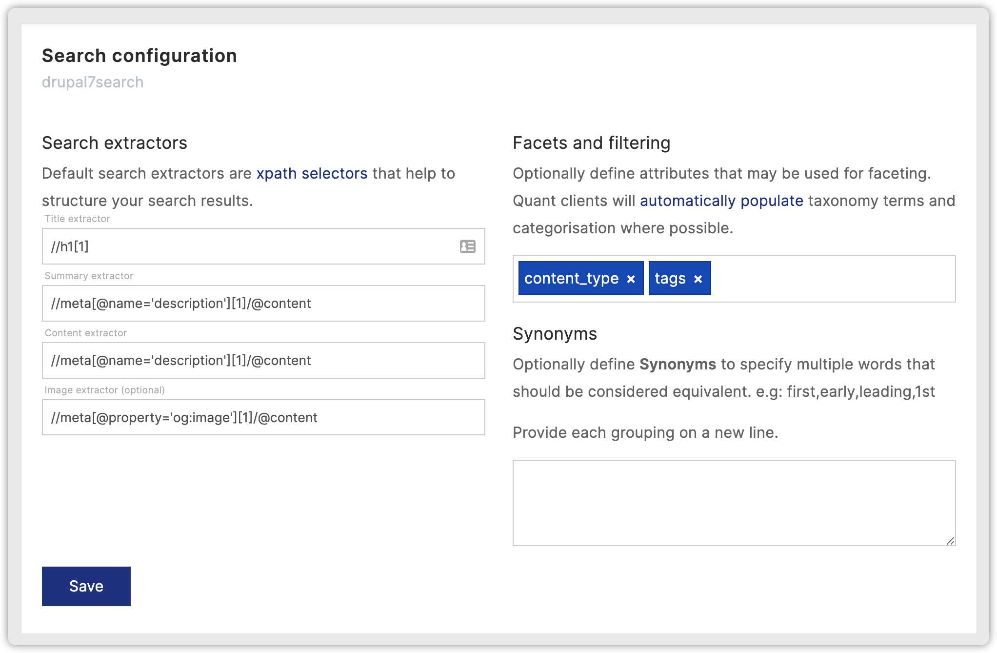 Quant Search Search Configuration with Facets