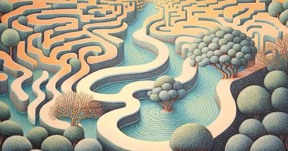 Graphic design of river flowing through a maze in pinks and oranges