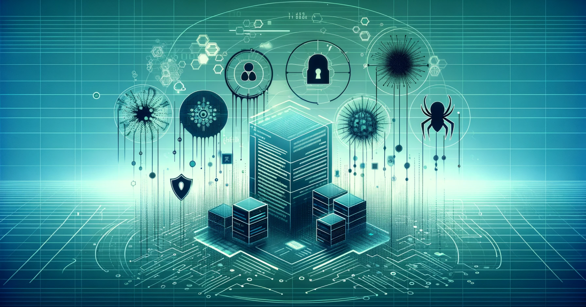 Graphic design representing an online system and potential attacks or threats in teals