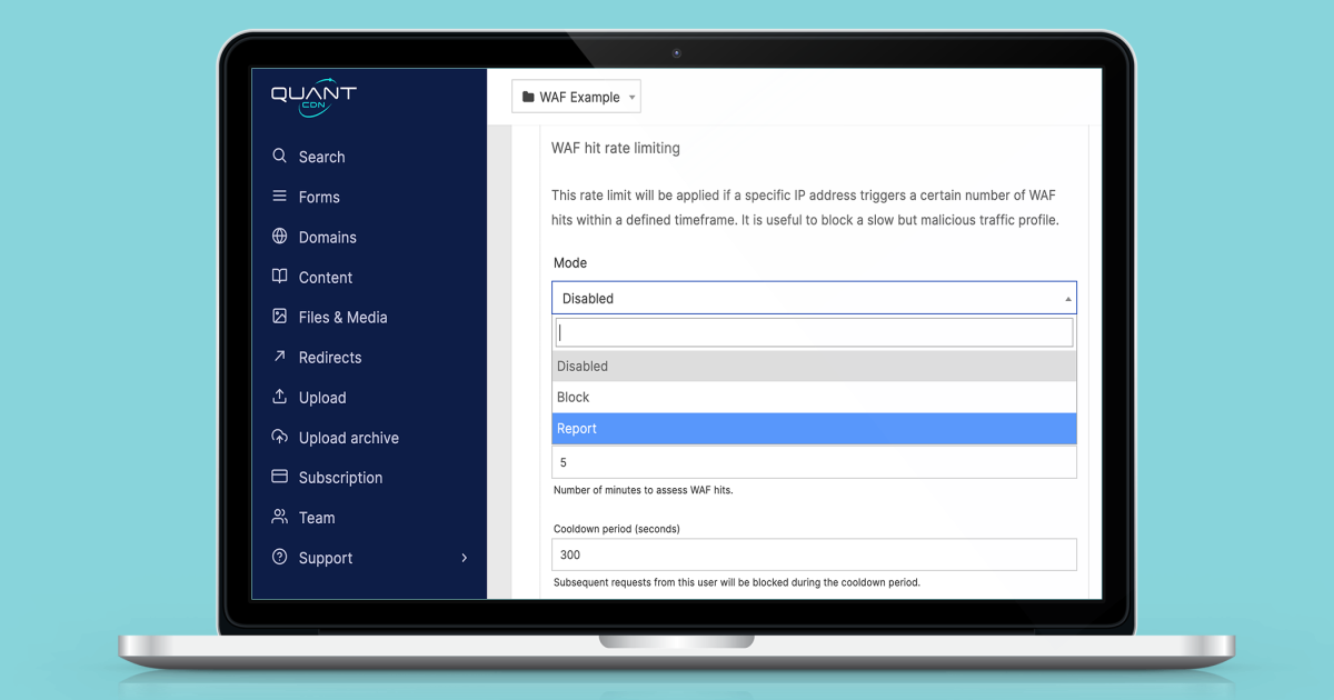 Screenshot of Quant WAF hit rate limiting settings form on a macbook with blue background